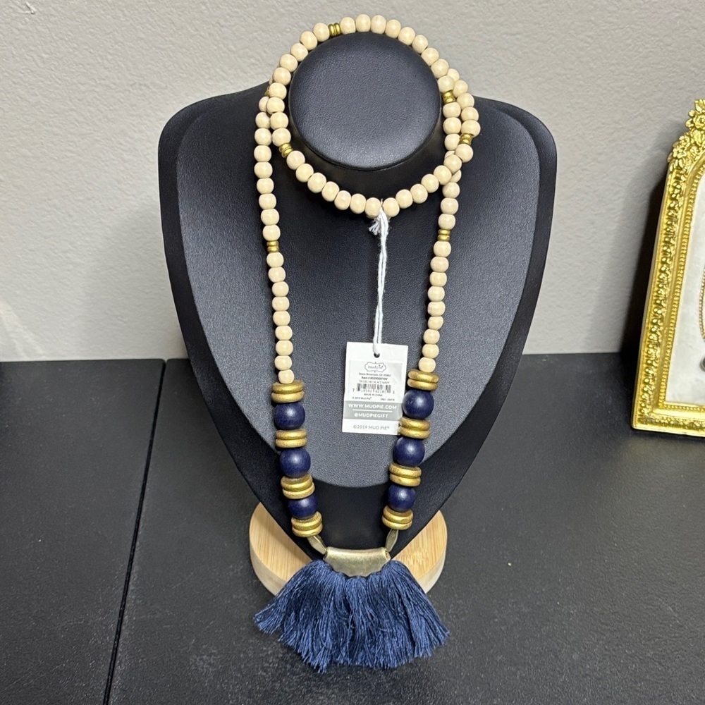 NWT Mud Pie Boho Natural Wood and Navy Beaded Necklace with Tassel